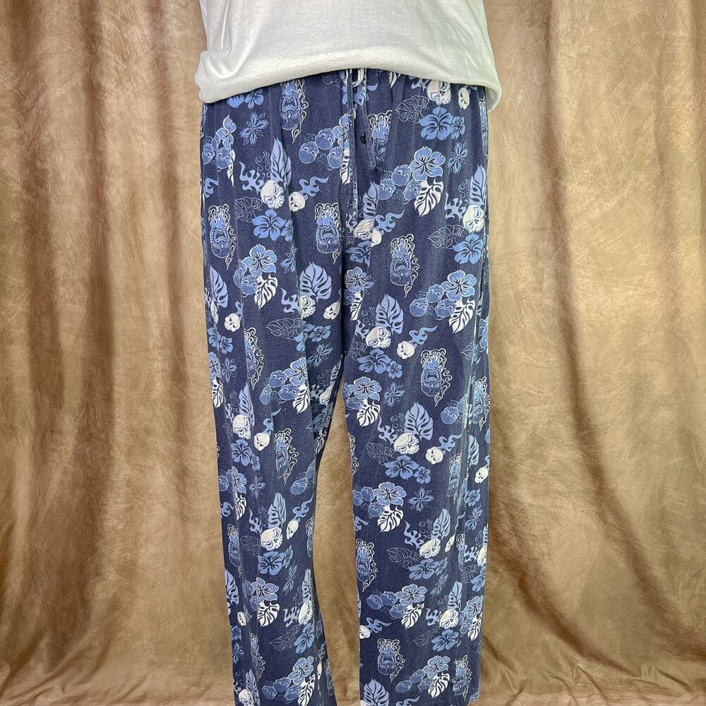 Vintage Y2K Indie Skater Pajama Pants Addiction Surfer Tiki Skull Pattern Blue